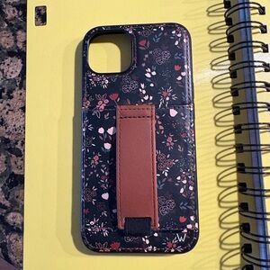 Floral Card Slot Phone Case with Brown Strap - Black/Pink